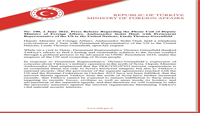 Press Release Regarding the Phone Call of Deputy Minister of Foreign Affairs, Ambassador Sedat Önal, with Permanent Representative of the US to the United Nations, Linda Thomas-Greenfield